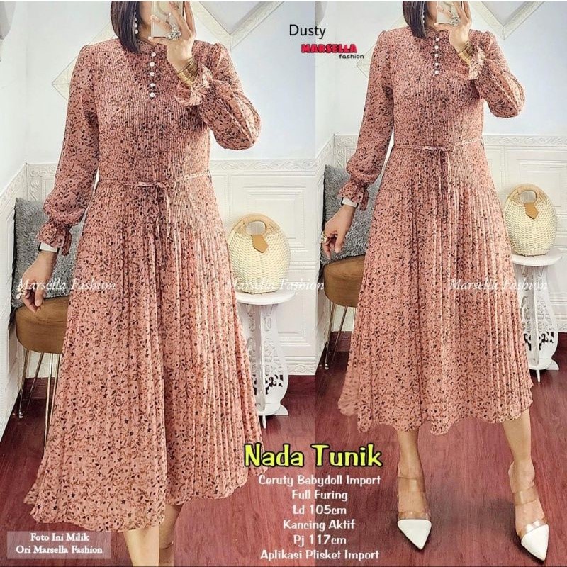COD Nada Tunik Bahan Ceruty Plisket Lapis Furing LD 105 PJ 117 Tali Lepasan Kancing Depan Motif Bung