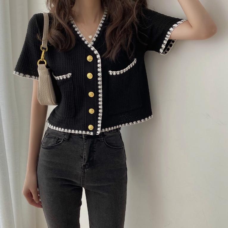 TERPERCAYA Atasan crop top kardigan rajut wanita lengan pendek Korean style cardigan rajut