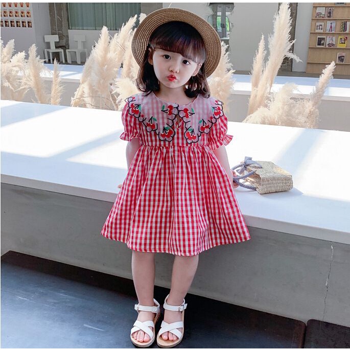 Dress Anak Perempuan Fashion Import - Motif Kotak Merah Kerah Lace Cherry