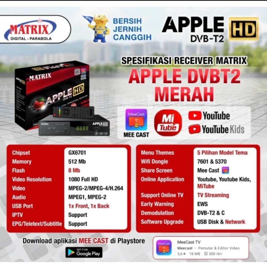 Receiver Tv Digital Stb Matrix Apple Merah HD DVBT2 DVB T2 Antena Uhf