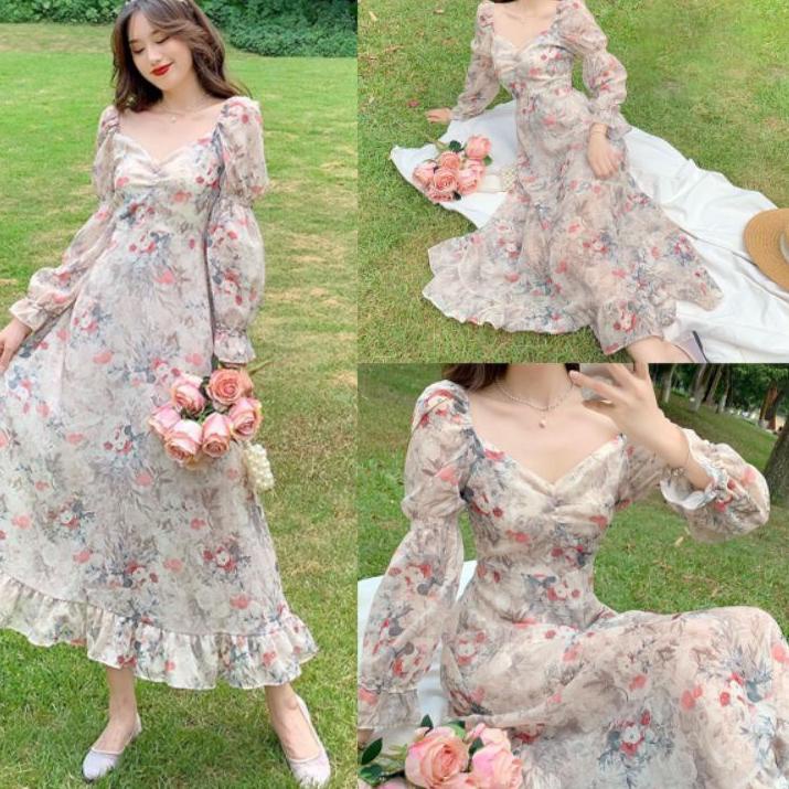 TC878 TIFFANY KOREAN STYLE FLORAL VINTAGE MIDI DRESS PANTAI HIJAB FRIENDLY