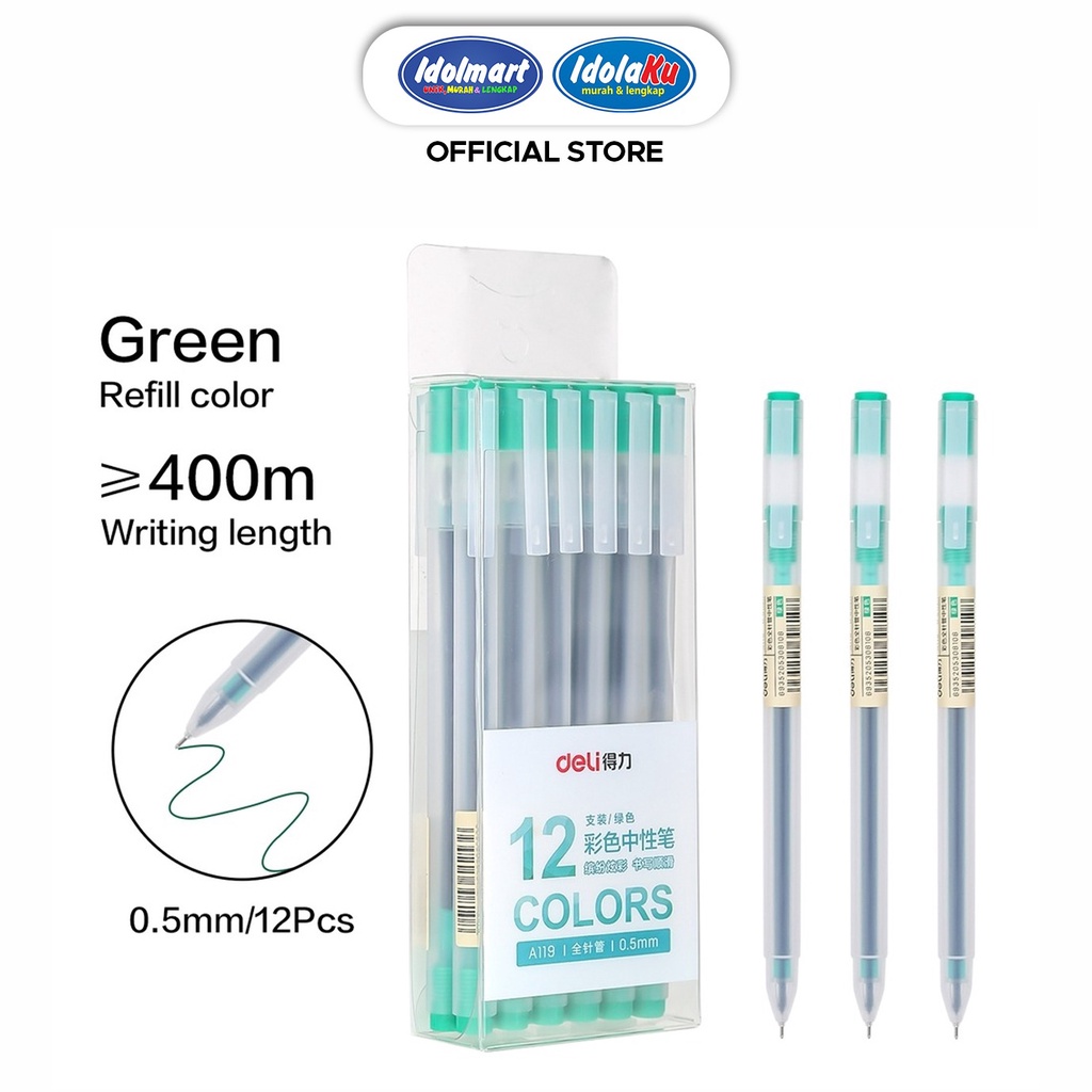 IDOLMART Deli Pulpen Gel Pen A119 Hijau / Tip 0.5mm Panjang Penulisan Hingga 400m /pcs Deli Surabaya