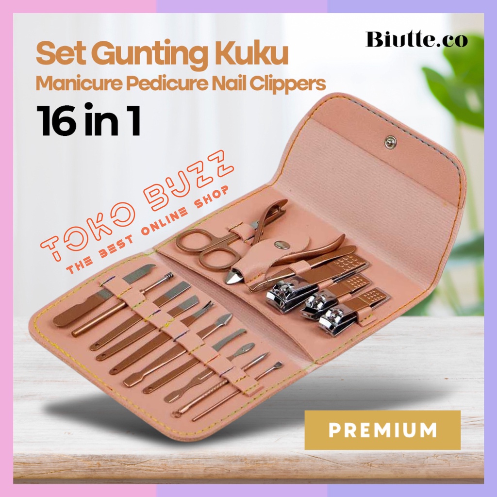 Gunting Kuku Set 16 in 1 Manicure Pedicure Nail Clippers Kit dan Korek Kuping Stainless Steel Premium Biutte.co