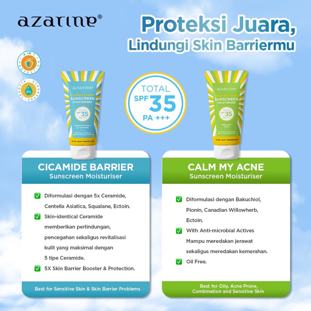 AZARINE Sunscreen (Hydrasoothe Sunscreen Gel SPF45, Tone Up Mineral Sunscreen Serum SPF50, City Defense Aqua Essence Sun Shield Serum SPF50, Hydramax-C Sunscreen Serum SPF50, Mist SPF 50, Cicamide Barrier Sunscreen Moisturiser SPF35, Calm My Acne Sunscree