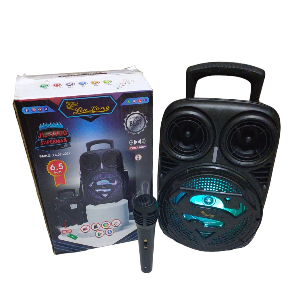 PROMO SPEAKER BLUETOOTH KARAOKE JINLONG JL1160  6.5&quot; SERI SUPERMAN BONUS MIC DAN TALI GANTUNGAN TERBARU