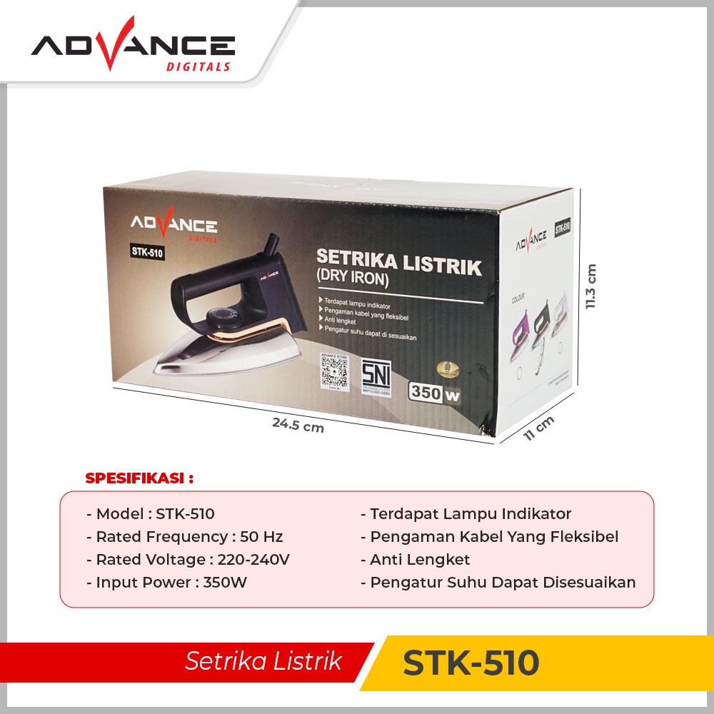 Setrika Uap Listrik Advance (Dry Iron) Anti Lengket STK510 Setrika Listrik hemat listrik 350 W Bergaransi Resmi 1 Tahun