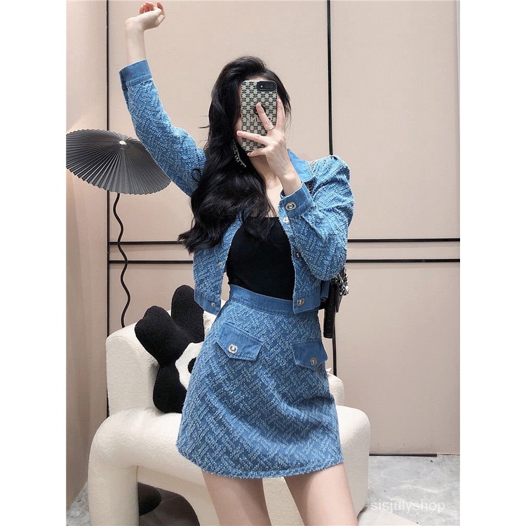 [✅BISA COD] #Sisjuly# Setelan busana denim wanita atasan jaket pendek berdada tunggal + rok pendek s