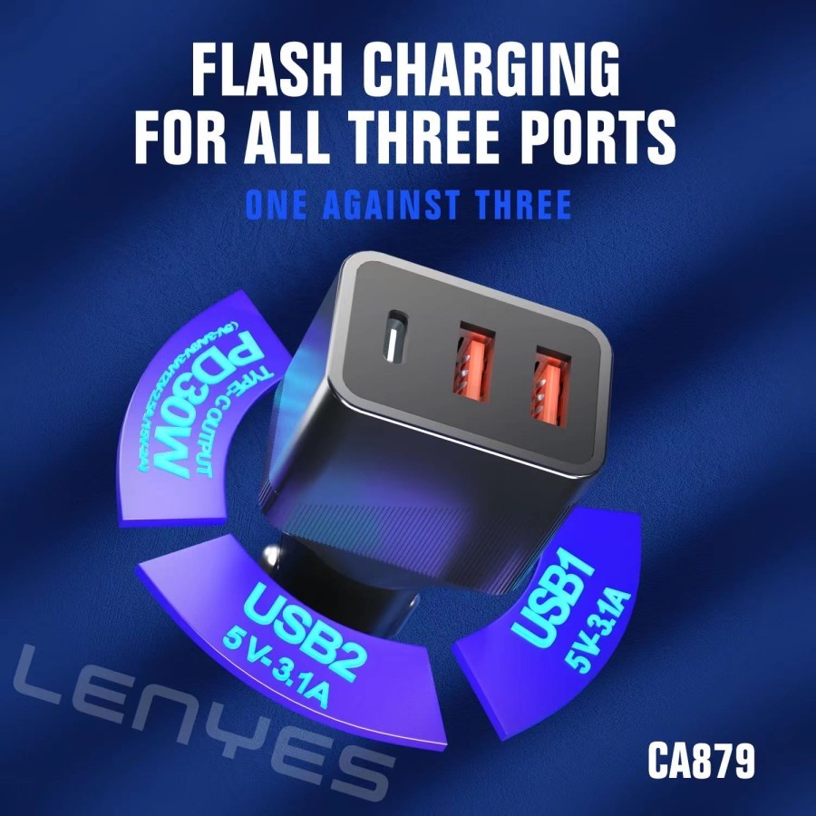 BATOK SAVER LENYES CA-879 2 USB 3.1A + PD 30W CAR CHARGER MOBIL CA879