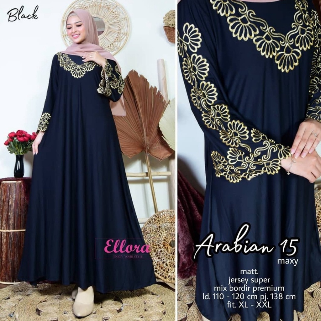 Gamis Muslim Arabian #15 Milaty Maxy Jumbo Jersey Motif Bordir xxxl Ld 130cm Arabiana Abaya Millaty Gamis Lebaran Remaja Muslimah Terbaru Seragaman Pengajian Murah Mila Dress Wanita Muslimah Syar'i Gamis Polos Tebal Premium Warna Hitam Milati Maxi