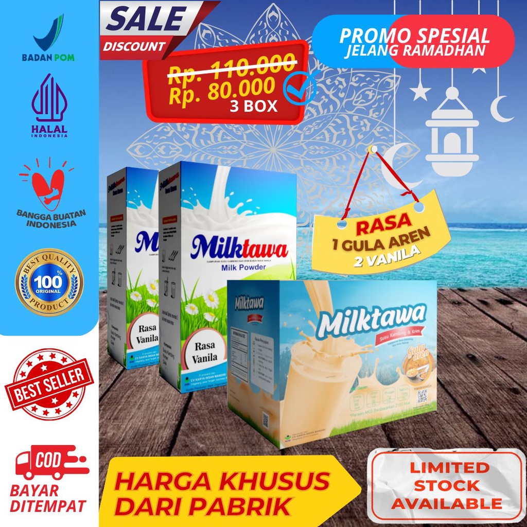 

Paket Hadiah Promo Special Ramadhan Susu Kambing Etawa Milktawa 2 pcs Rasa Vanilla & 1 pcs Rasa Gula Aren