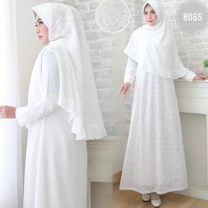 PROMO DENIMALL BAJU MUSLIM GAMIS JUMBO SET SYARI PUTIH WANITA LEBARAN UMROH TERBARU TERLARIS KEKINIA