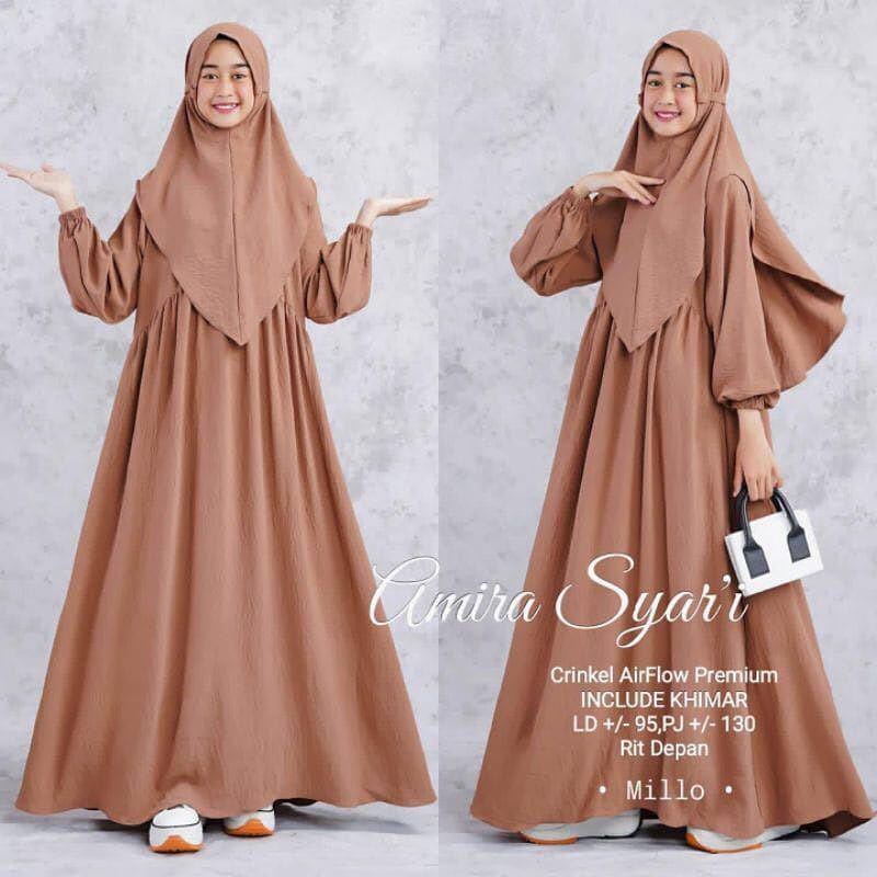 Baju Anak Tanggung Remaja Terbagus 2023 Kids Syar'i Anak Tanggung Remaja AMIRA SYAR'I Bahan Crinkle Airflow Premium + Khimar Gamis Anak Polos Umur 8 9 10 11 12 13 14 15 Tahun