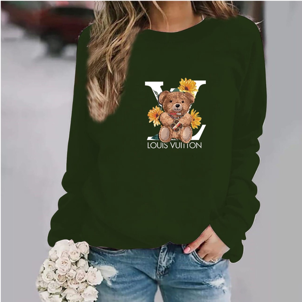Baju lengan panjang wanita logo TEDDY BEAR LV / kaos distro model sweater keren trendy dan kekinian