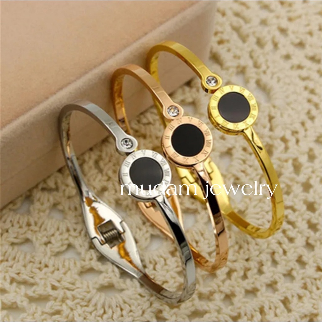 Gelang Bangle Angka Romawi Dengan Kristal Tersedia Warna Rose Gols, Gold dan Silver