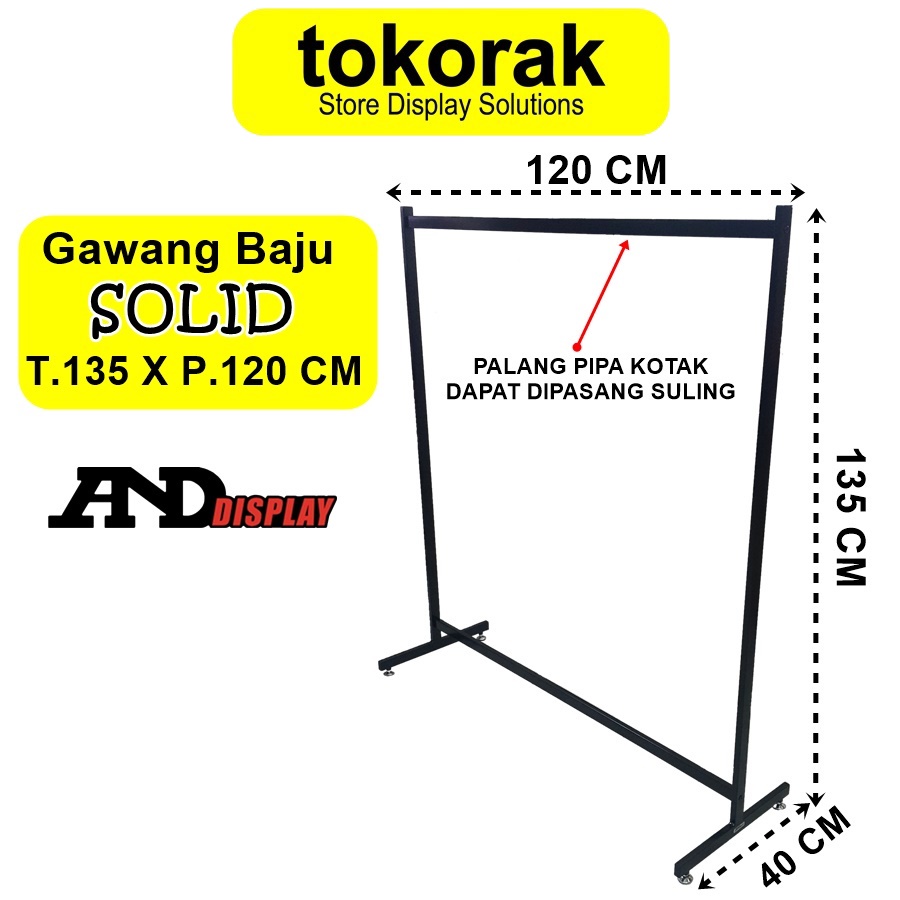 GAWANG BAJU SOLID T.135 CM RAK BESI GANTUNGAN PIPA KOTAK SULING L 120 CM HITAM