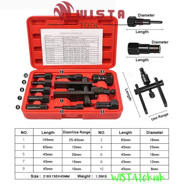 Bearing Puller set 10 pcs WISTA TOOL treker Pembuka Bearing HEAVY DUTY