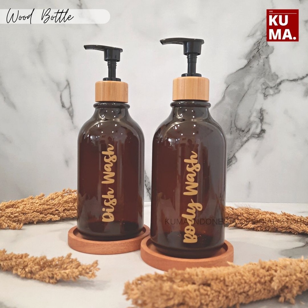 KUMA Wood Bottle 500ml Botol Isi Ulang Tutup Kayu 500ml Warna Putih Amber Coklat Aestetik Motif Kayu