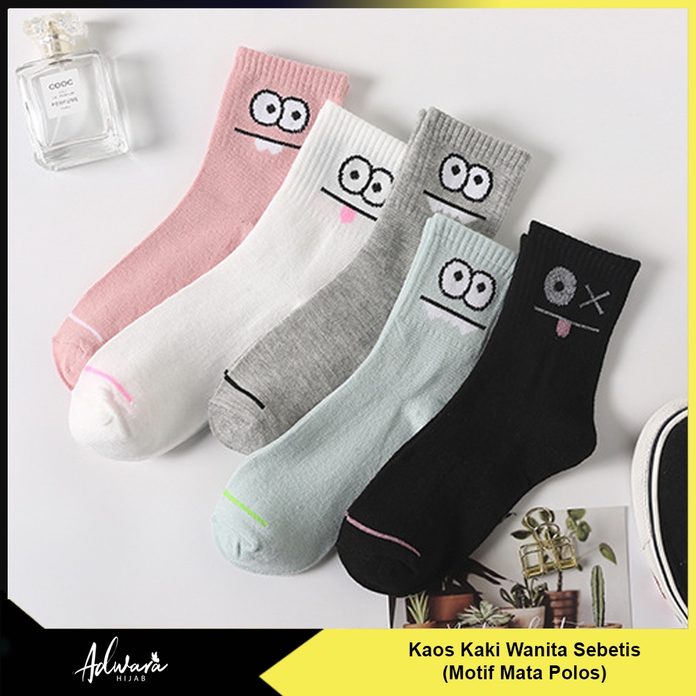 Kaos Kaki Wanita Tinggi Sebetis Motif Mata Polos Gaya Fashion Korea