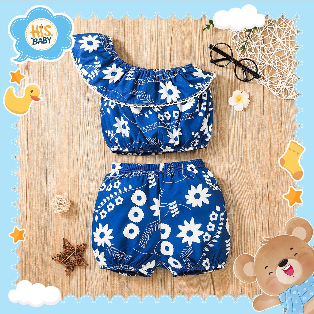 His.Baby (L13) 3-18 bulan Setelan Kensi Croptop Asimetri Baju Biru Seksi Bayi Cewek & Anak Perempuan