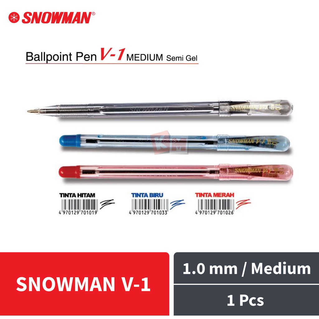 Pulpen Ballpoint Pena Snowman V-1 Medium 1.0 mm Hitam / Biru / Merah / Semi Gel