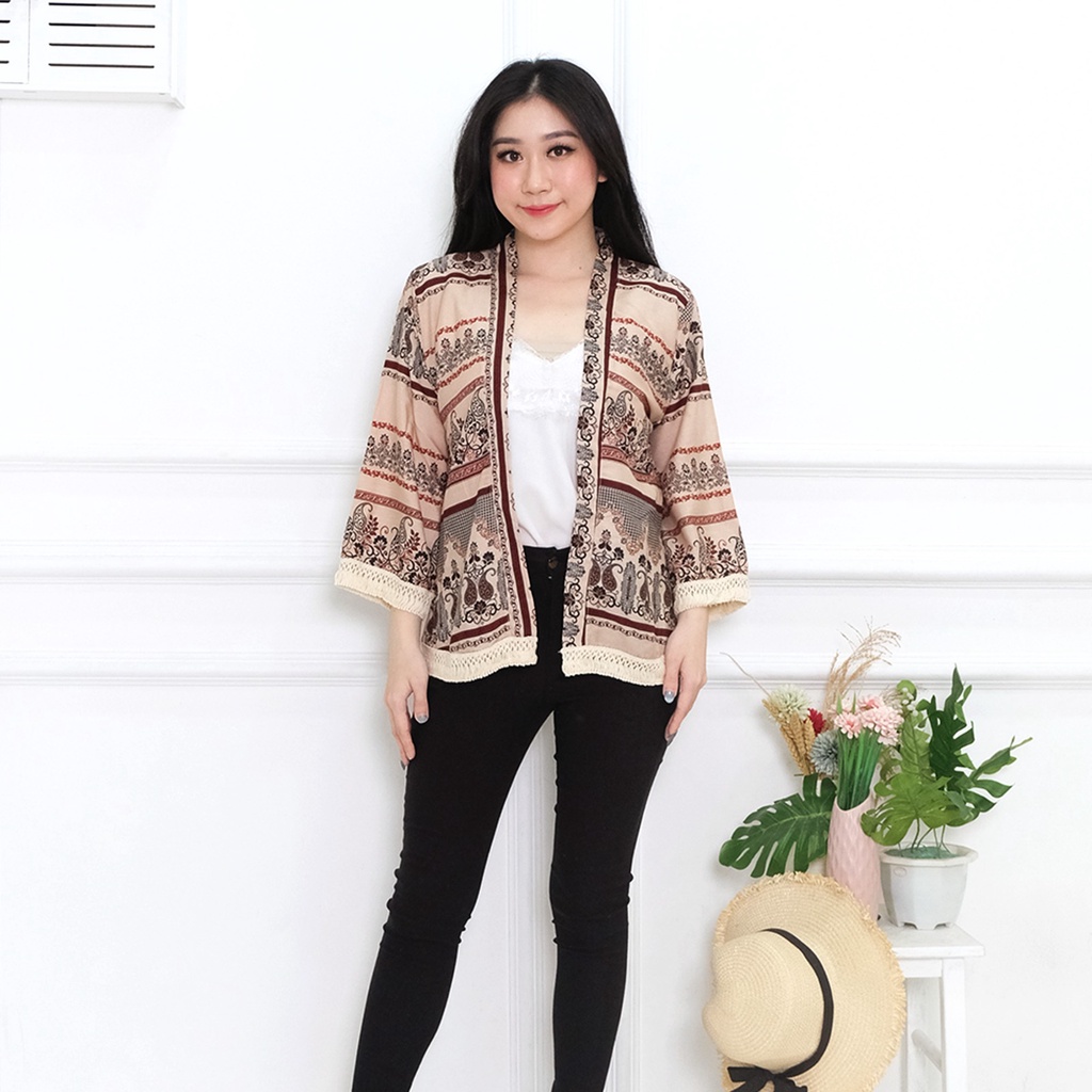 𝑱𝒂𝒌𝒂𝒓𝒕𝒂𝑭𝒂𝒔𝒉𝒊𝒐𝒏 cardigan batik tribal katun etnic bohemian rumbai outter renda cream BOHO kardigan