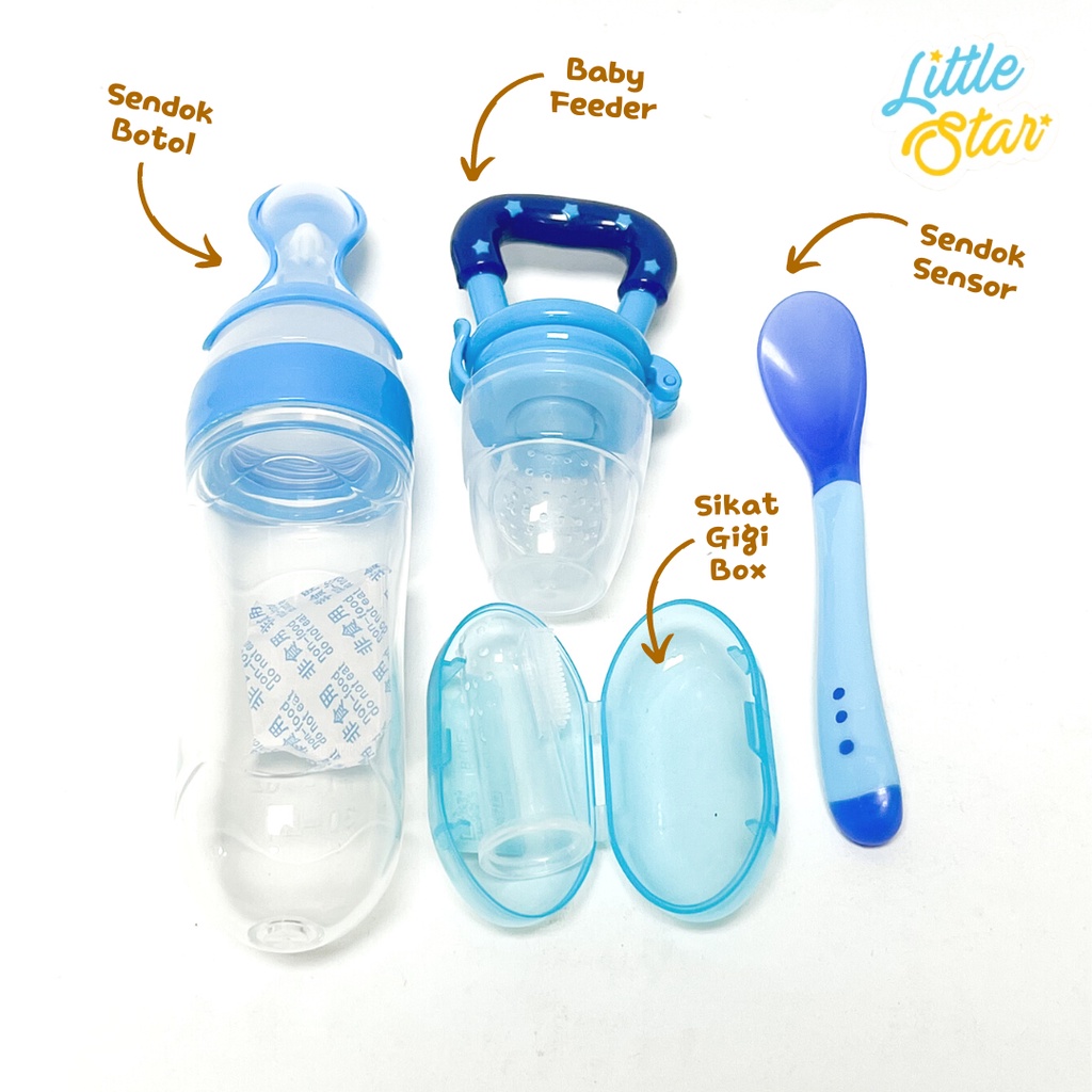 LS Paket Perlengkapan Makan Mpasi Bayi 4in1 Sendok Botol Sensor Silicone Baby Feeder Empeng Buah Sikat Gigi Box