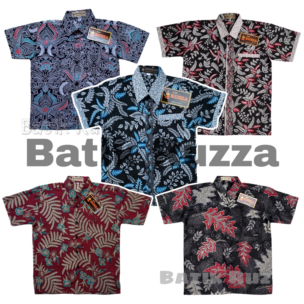 RUZZA Batik Anak Ukuran 0-15 Tahun Kemeja Motif Pari Blarak Biru Merah