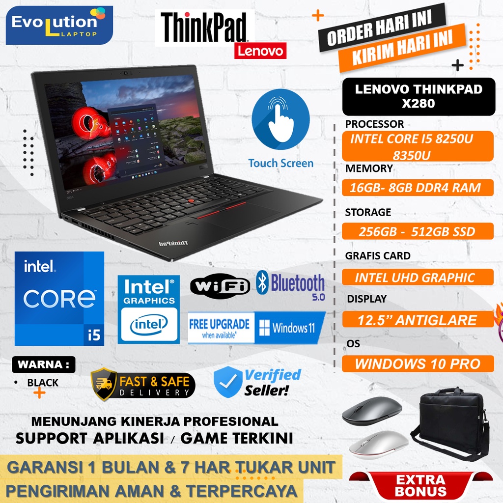 Laptop TouchScreen Lenovo ThinkPad  X280 Intel Core i5 8350U Ram 16GB SSD 512GB FHD windows11 PRO