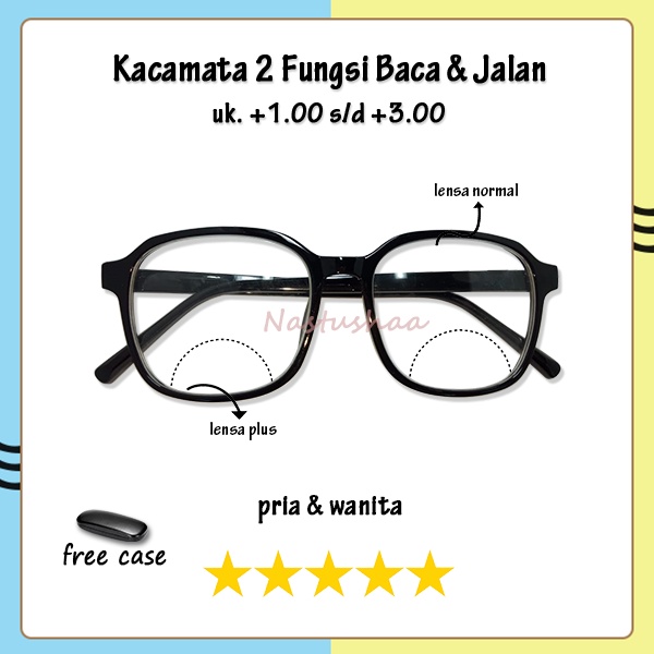 Kacamata Lensa 2 Fungsi (+) Normal dan Plus Tersedia Ukuran +1.00 - +3.00 Kacamata Bingkai Hexagonal Hitam Oversize Unisex FREECASE