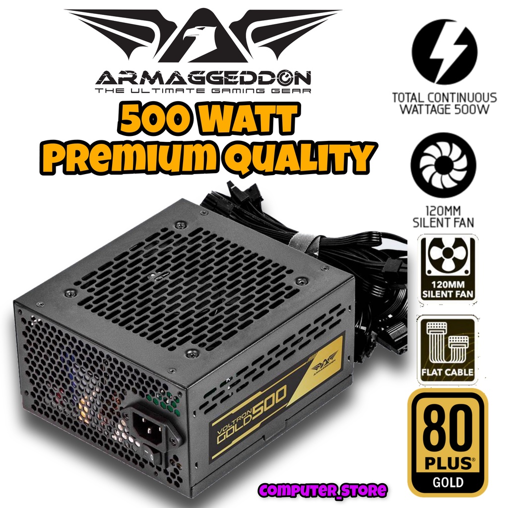 Power Supply Gaming Voltron Gold 500 Armaggeddon PSU 500W 80+ Gold Certified 100% Taiwaese Premium Capasitors Fully Modular Silent Fan 140mm High Power 500 Watts