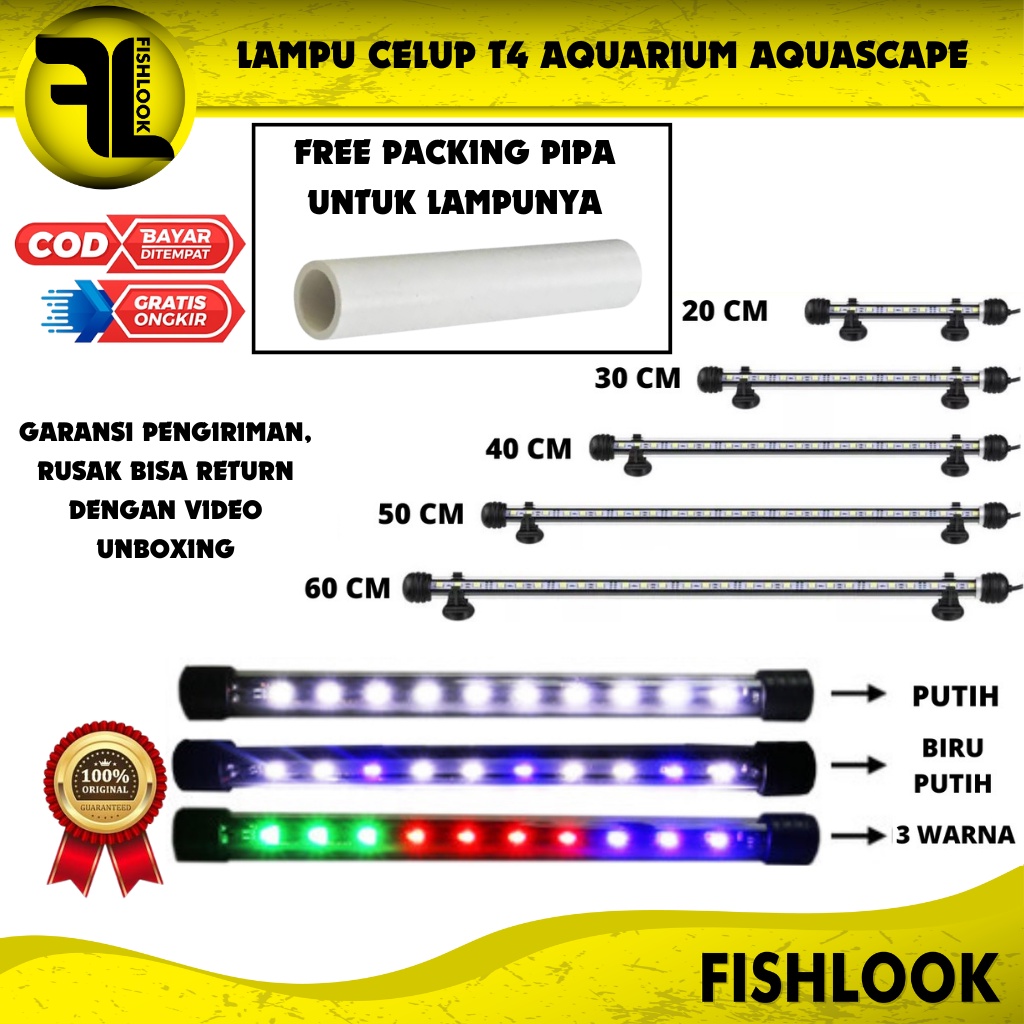 LAMPU CELUP LED AQUASCAPE AQUARIUM T4 20-60CM PUTIH BIRU 3 WARNA DALAM AIR TERBAIK