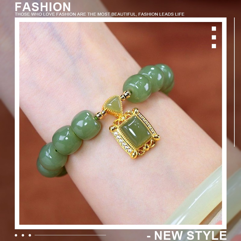 【COD】Gelang Liontin Manik-Manik Giok Hetian Alami Bentuk Persegi Gaya Retro Untuk Wanita Retro Gelang Desain Niche Elegan