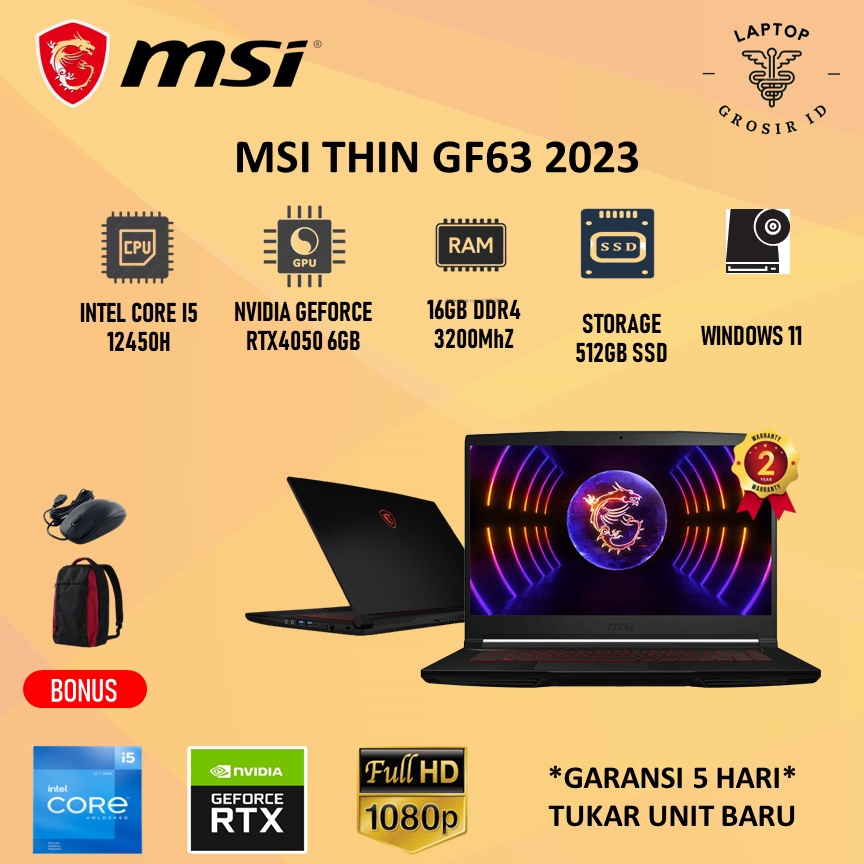 Laptop MSI THIN GF63 RTX4050 I5 12450H 16GB 512SSD W11 15.6FHD IPS 144HZ
