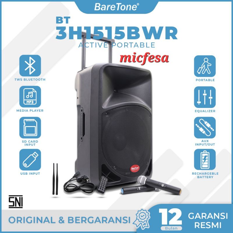 BareTone Speaker Portable 15" BT-3H1515BWR 250Watt