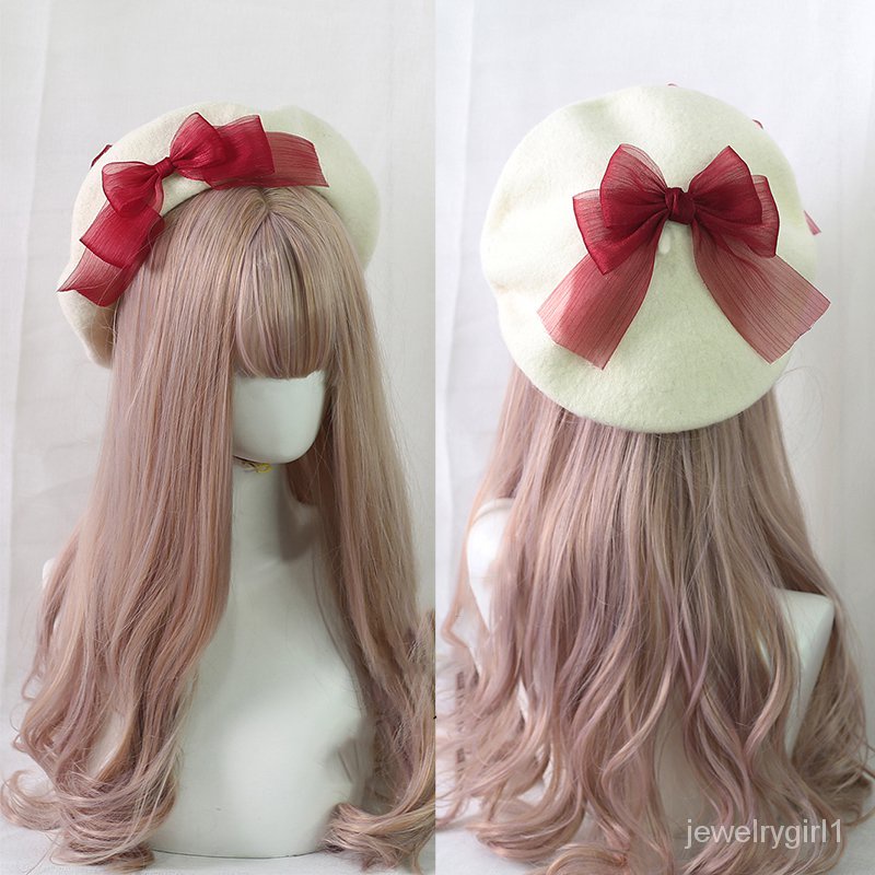 Handmake Lolita Berets Wool Blend Hat Women Girls Lovely Bow Sailor Maid Style Autumn Winter Berets