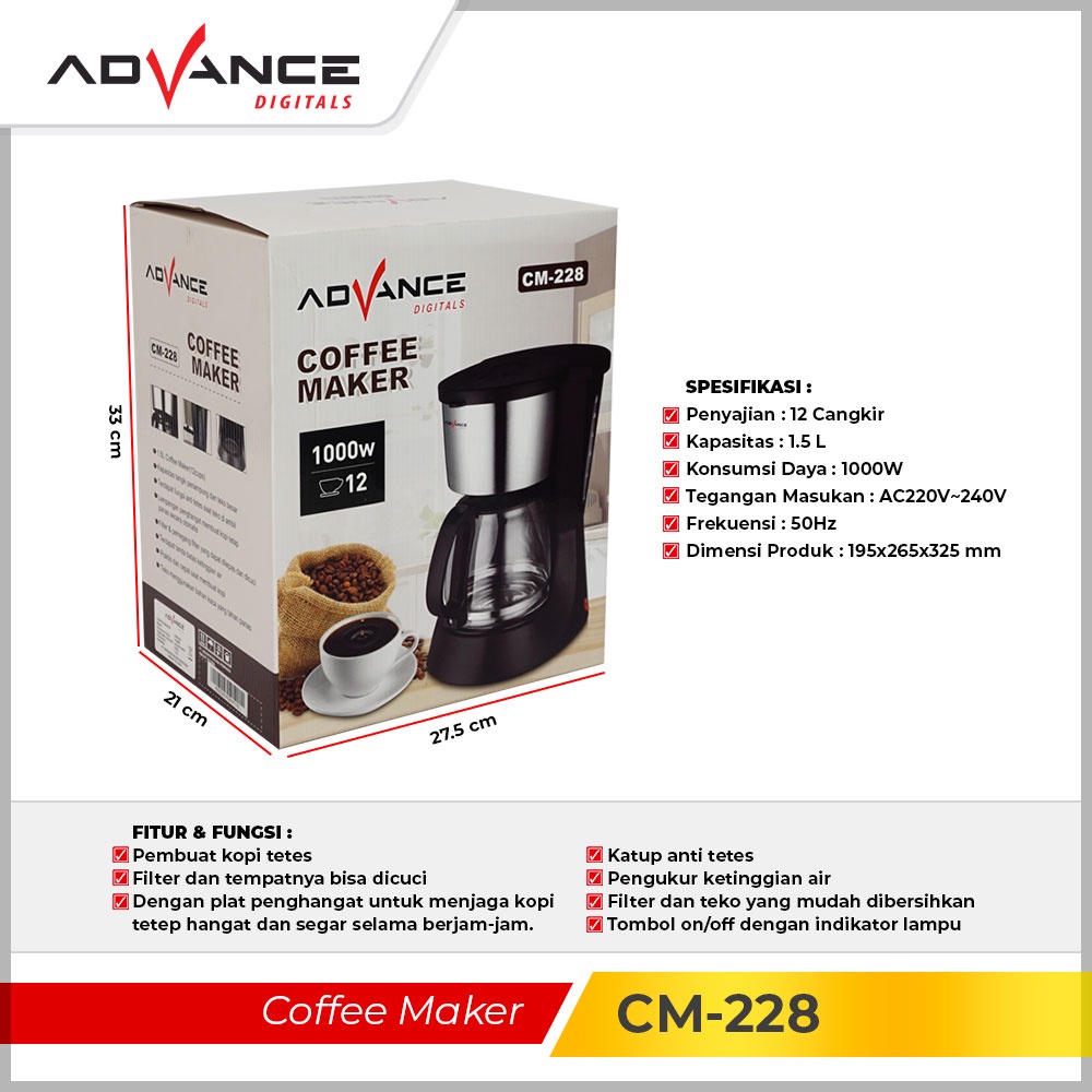 Advance Coffee Maker 1.5L Mesin Pembuat Kopi | Mesin kopi CM-228 Bergaransi Resmi 1 Tahun