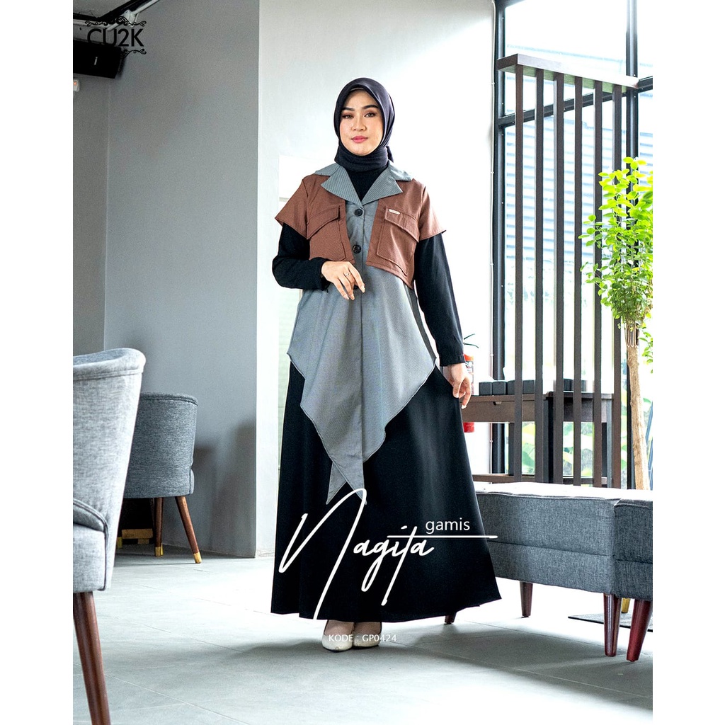 Gamis Nagita Motif Kotak Terbaru 2023 Lebaran Wanita Baju Setelan Dress Muslimah Bahan Jetblack Semi