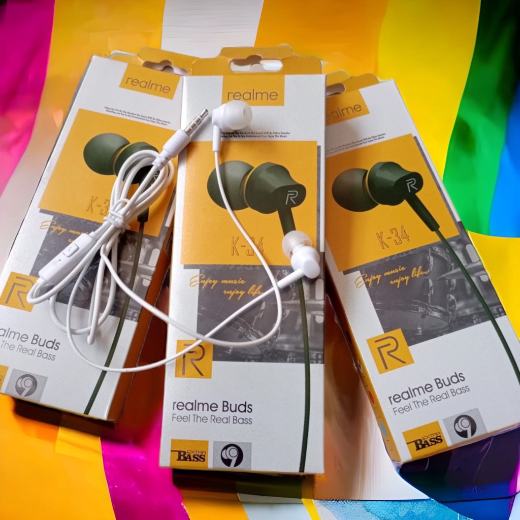 SALE EARPHONE REALME K34 ORIGINAL SUARA JERNIH BASS MANTAP MIC JELAS NYAMAN DIPAKAI SEMUA HP