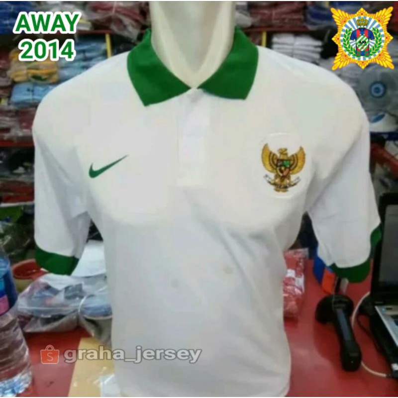 Jersey Timnas Away 2014 Indonesia Putih Kerah Hijau BORDIR Retro Lokal