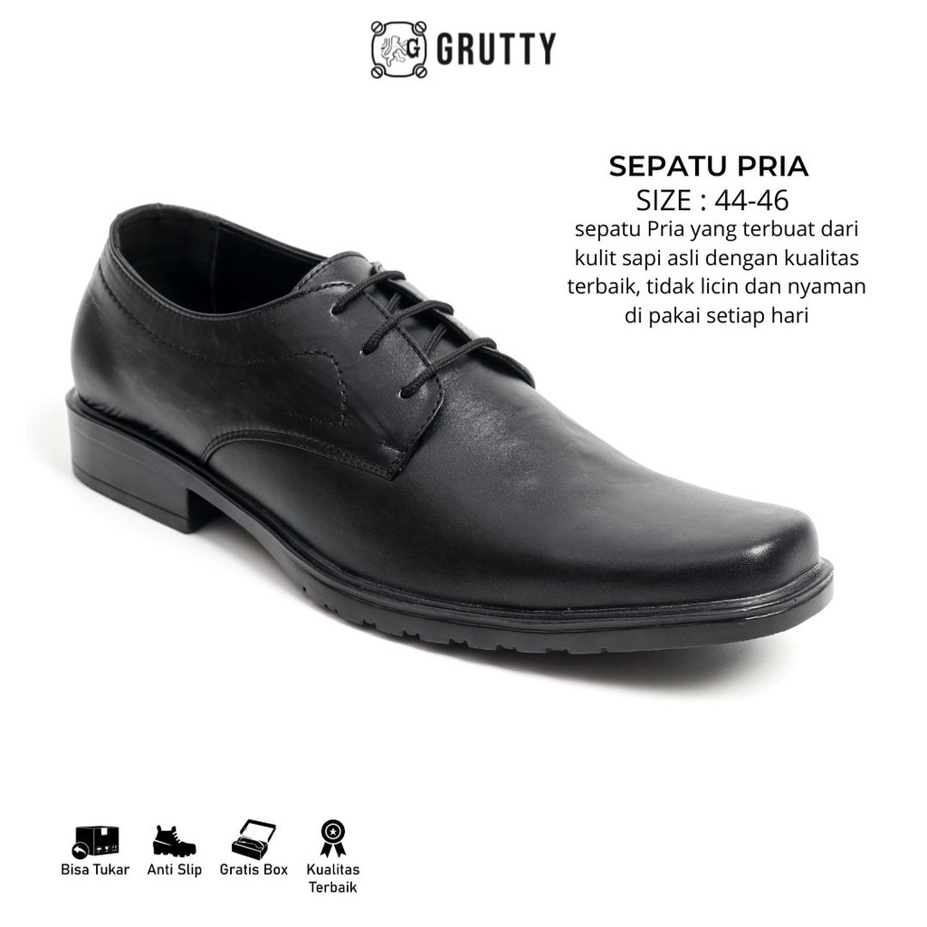 Sepatu Pria Formal Pantofel Formal PDH Kerja model tali Khusus Ukuran Besar Big Size  Grutty DC016 Hitam