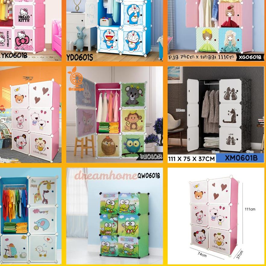 ➷ Lemari Pakaian Plastik 6 Pintu Lemari Portable Karakter Anak Rak Baju Gantungan ✽