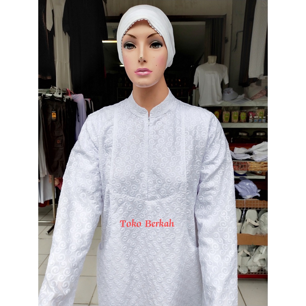 Gamis haji dan umroh katun paris satu set gamis kerudung ukuran super dan sarung tangan bordir