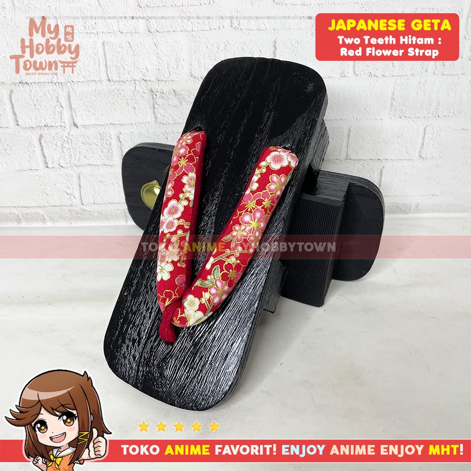 Geta Two Teeth Hitam (Tradisional) : Red Flower Strap Bakiak Sandal Kayu