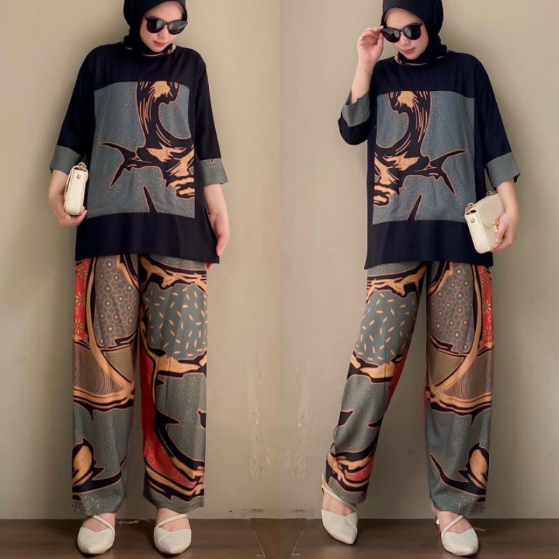 SETELAN RAYON SEMI JUMBO TRIKA ONE  SET ABSTRAK LD 112 CM PIYAMA WANITA