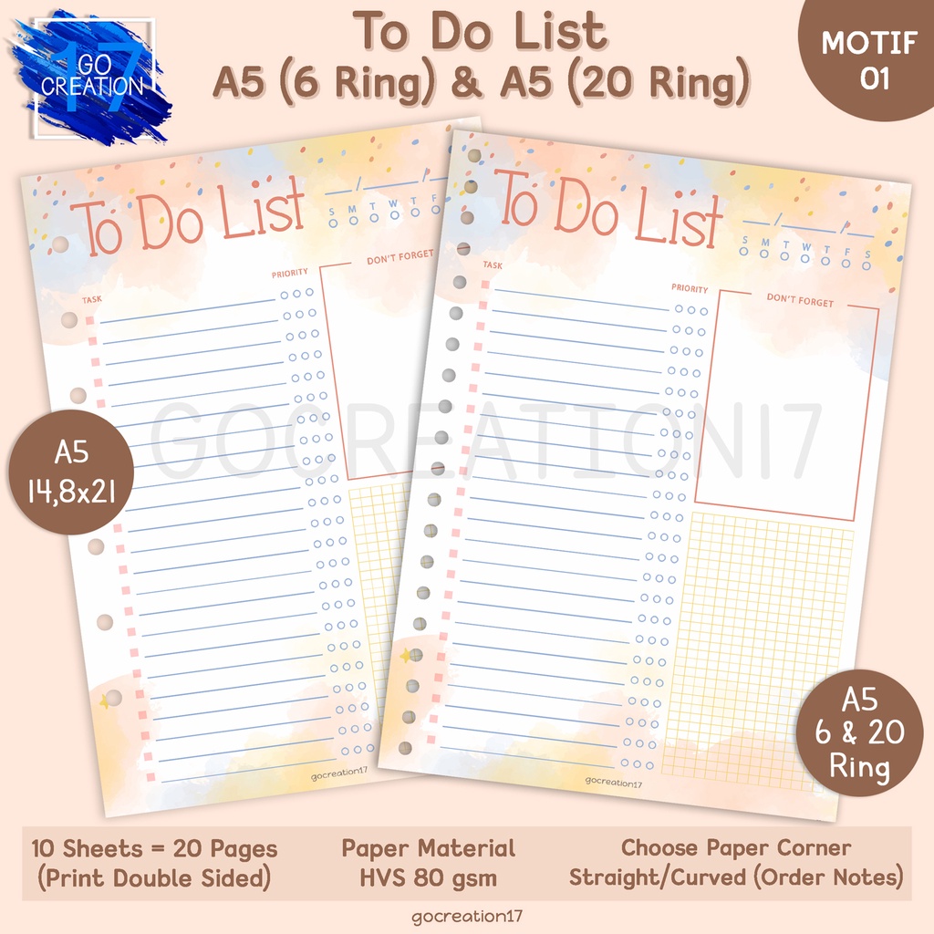 

Kertas Planner Isi Binder To Do List Motif Premium A5