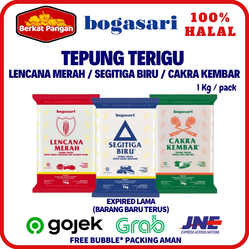 

Tepung Terigu Bogasari Segitiga Biru / Cakra Kembar / Lencana Merah 1 Kg