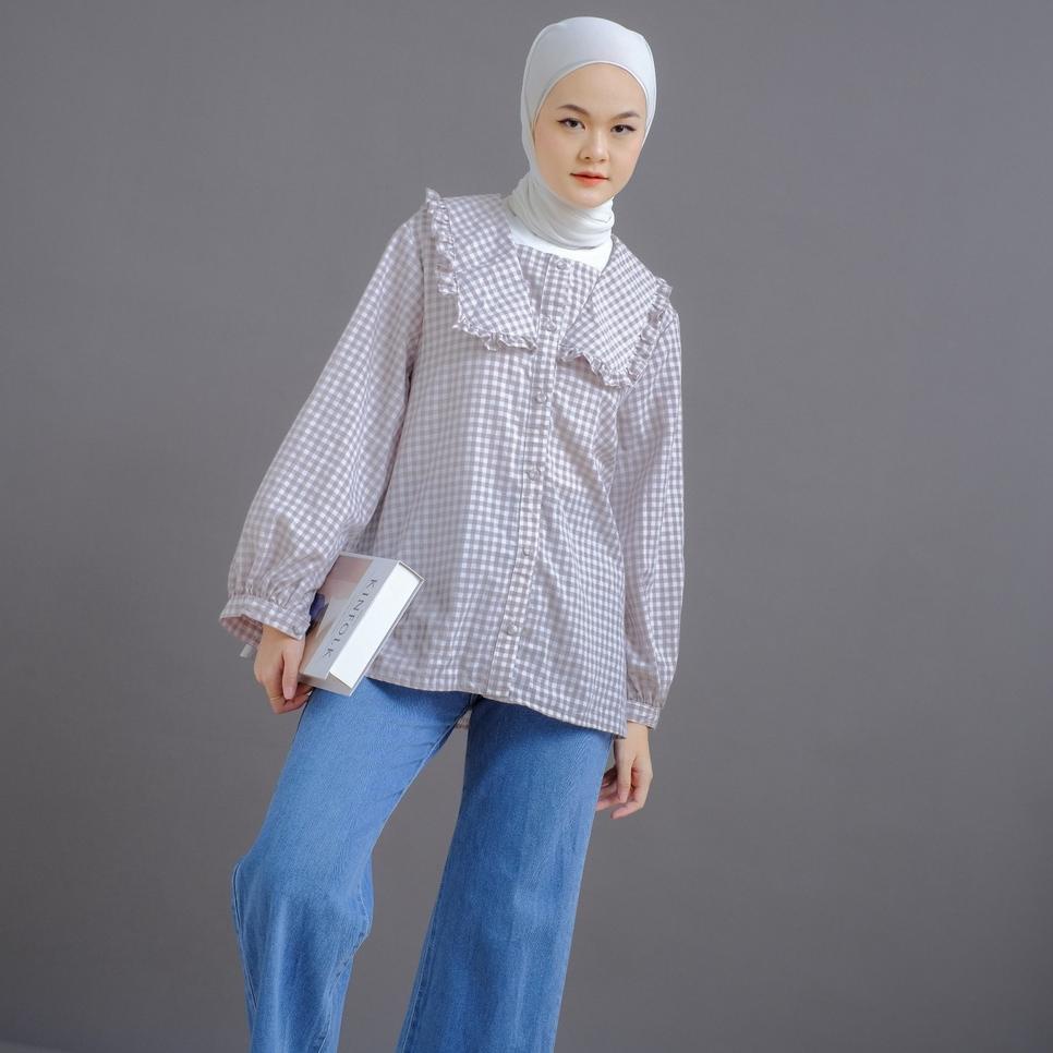 ☜ Mayoutfit Deian Blouse | Kemeja Katun Kerah Ruffle Motif Kotak ➤