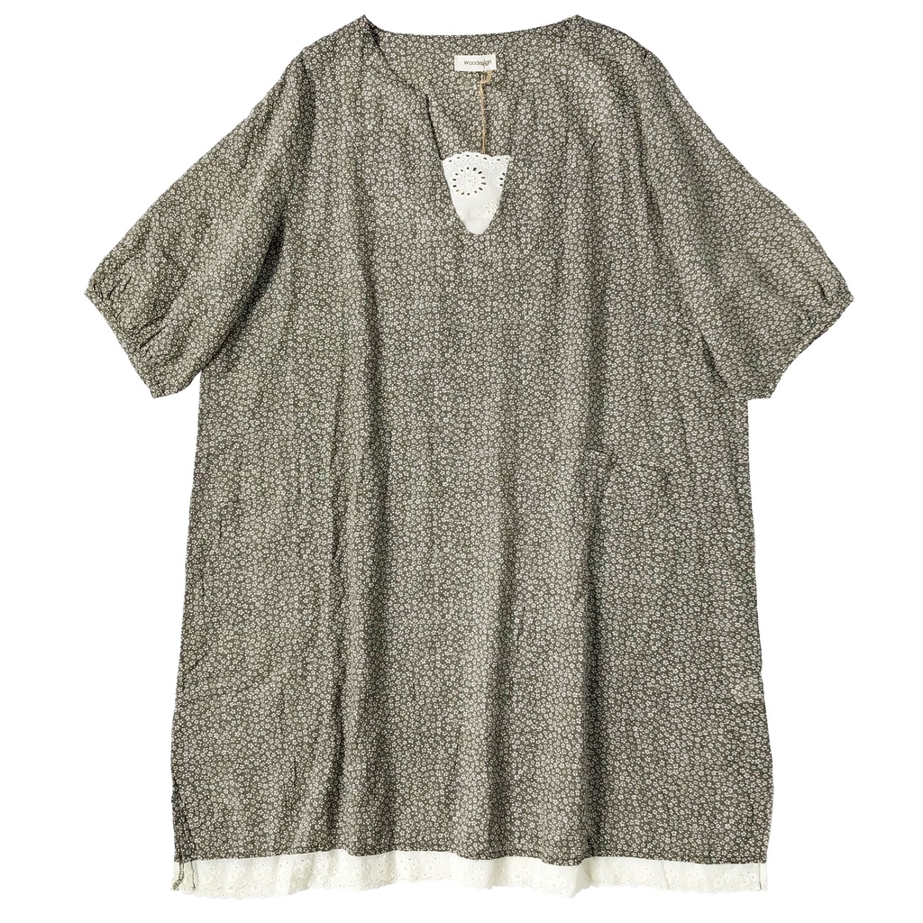 DRESS MIDI KATUN PREMIUM COKLAT ABU BUNGA RENDA V NECK OVERSIZE KOREA