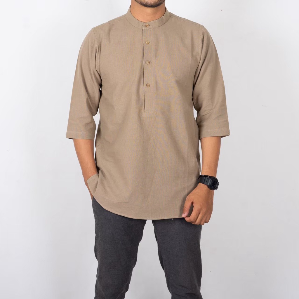 AL HABSYI Baju Muslim Pria Dewasa Original Kurta Lengan Tiga Perempat Koko Linen Pakaian Kurta Pakistan Premium Terbaru RAMY MOCCA