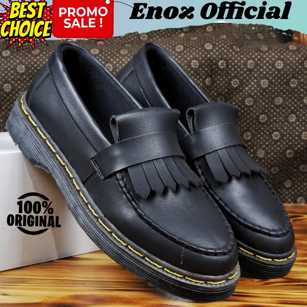 Sepatu Loafers Pria Casual Formal Slip On Hitam Sepatu Selop Doxmart Pantofel Kerja Kulit PU Penny Loafer Sintetic Premium Enoz Eyebrow